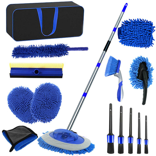 15PCS All-in-One Car Cleaning Tool Kit - Long Handle Wash Mop with Window Squeegee, 5 Detailing Brushes & Wheel Brush - Complete Auto Detailing Set for Interior & Exterior