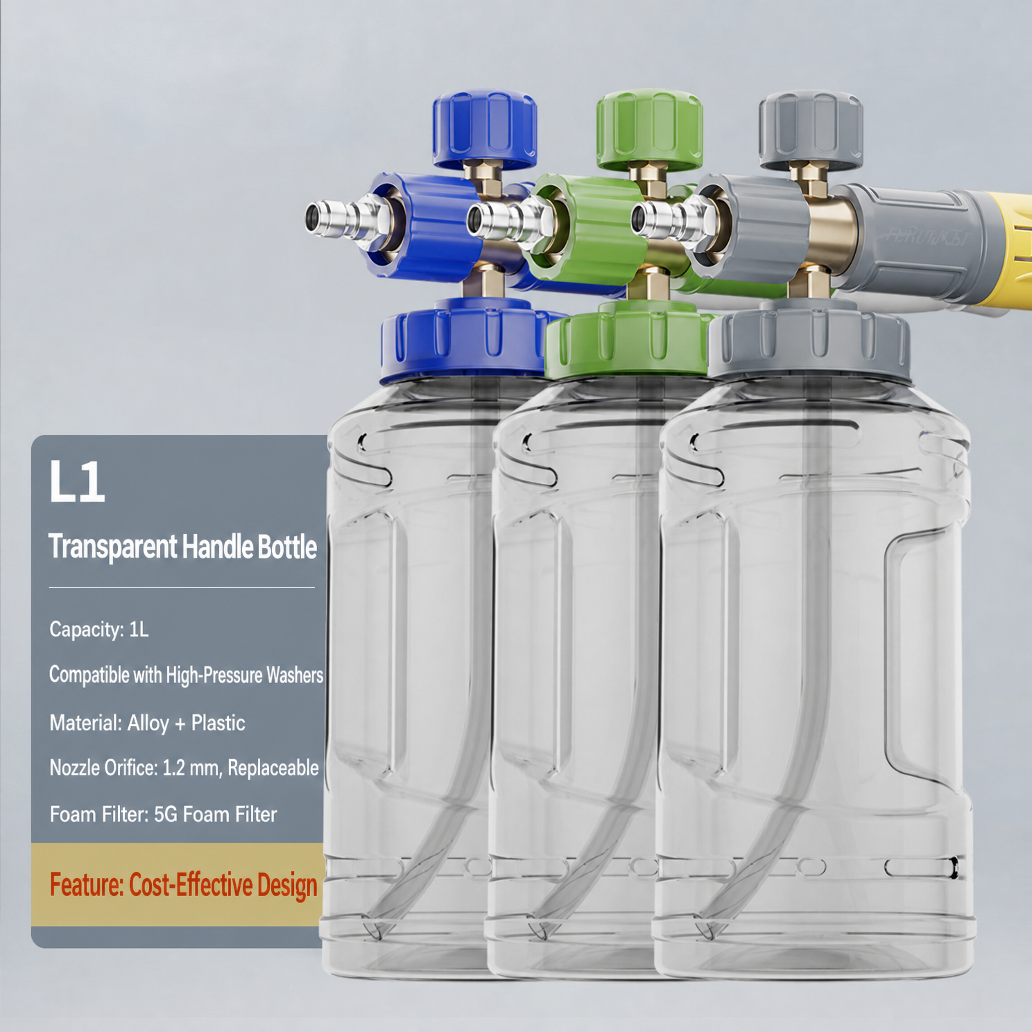 Multiple adapter options available high-pressure car wash PA pots and related car cleaning tools.