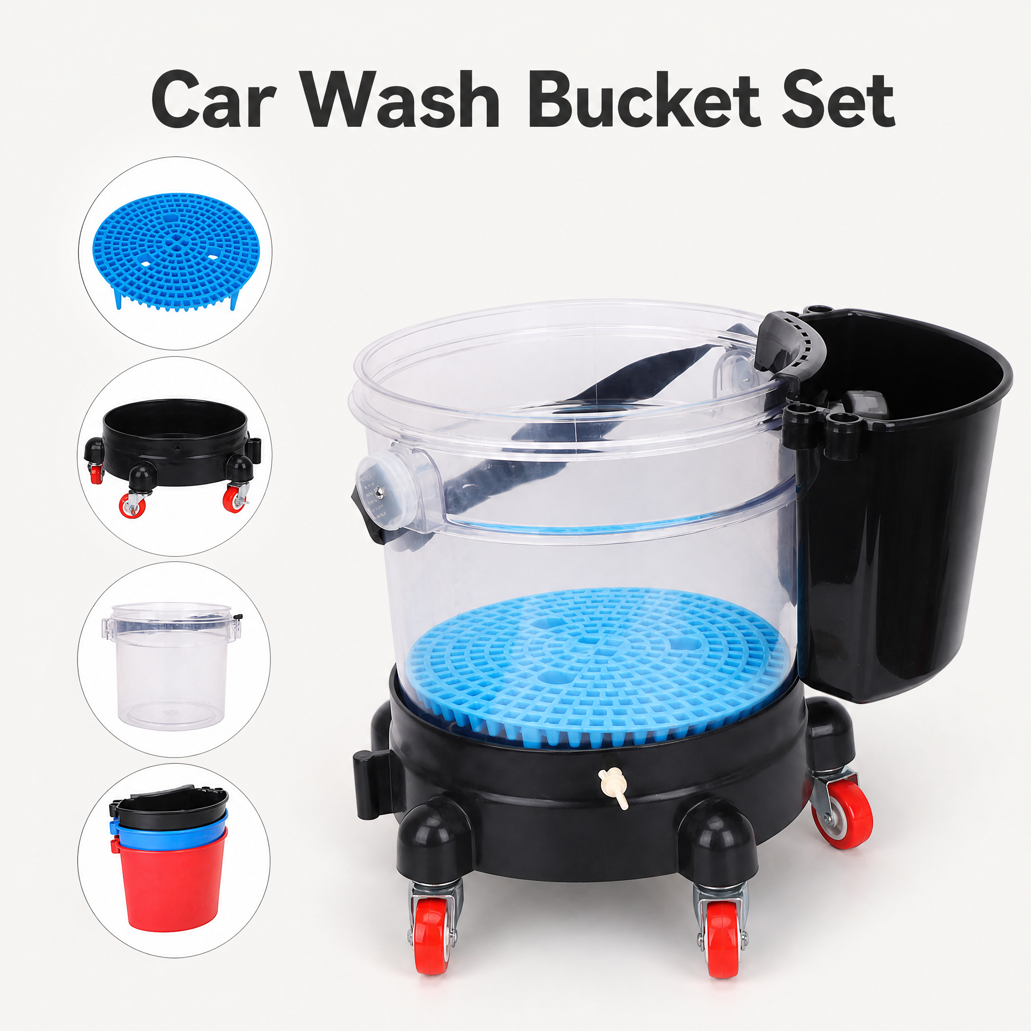 Scratch-Free Heavy Duty Rolling Car Wash Bucket with 5-Wheel Dolly - Clear View Water Monitoring & Tool Organizer - Complete Detailing Kit
