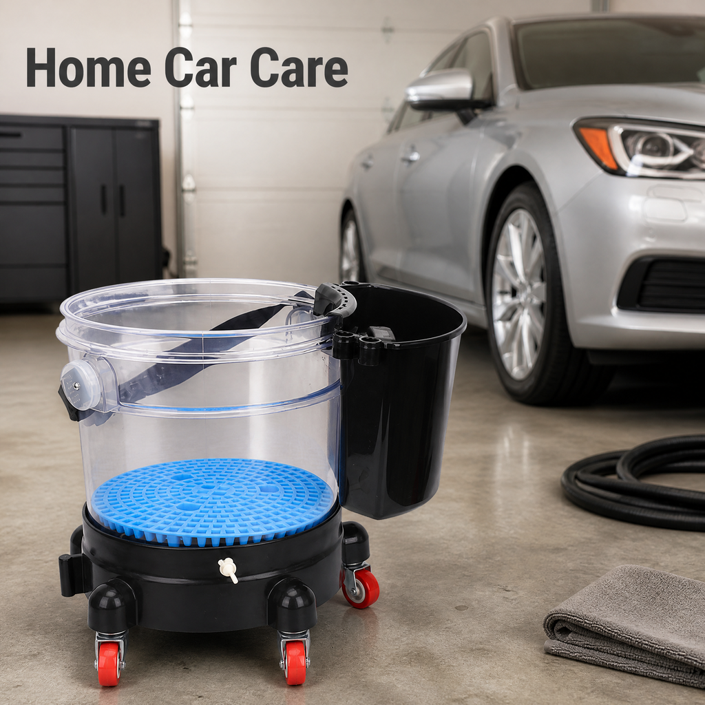 Scratch-Free Heavy Duty Rolling Car Wash Bucket with 5-Wheel Dolly - Clear View Water Monitoring & Tool Organizer - Complete Detailing Kit
