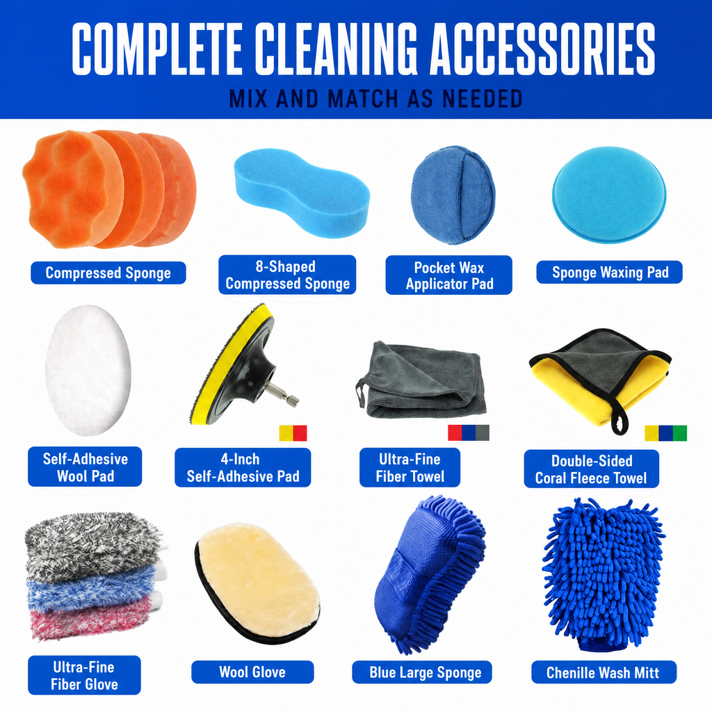 15PCS All-in-One Car Cleaning Tool Kit - Long Handle Wash Mop with Window Squeegee, 5 Detailing Brushes & Wheel Brush - Complete Auto Detailing Set for Interior & Exterior