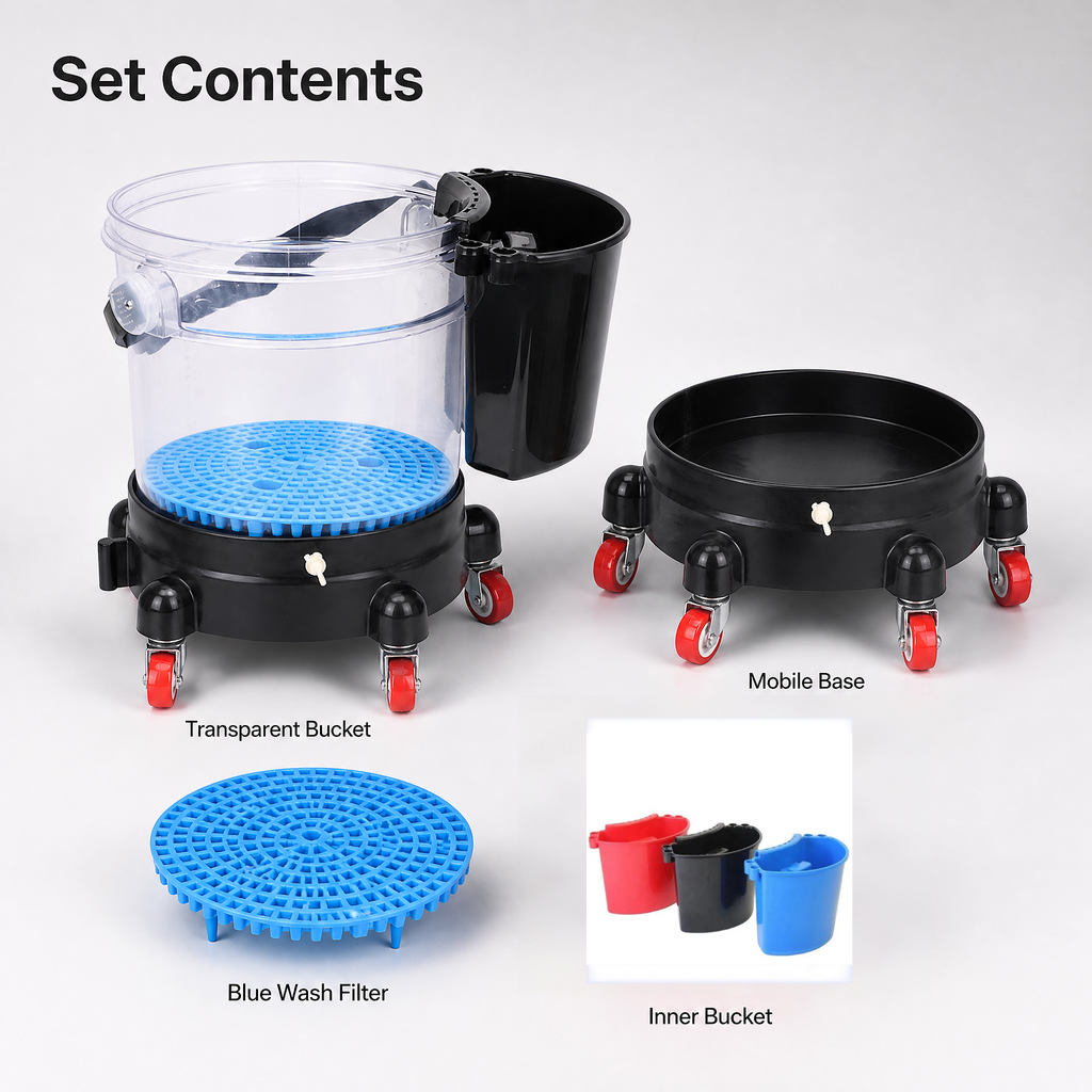 Scratch-Free Heavy Duty Rolling Car Wash Bucket with 5-Wheel Dolly - Clear View Water Monitoring & Tool Organizer - Complete Detailing Kit