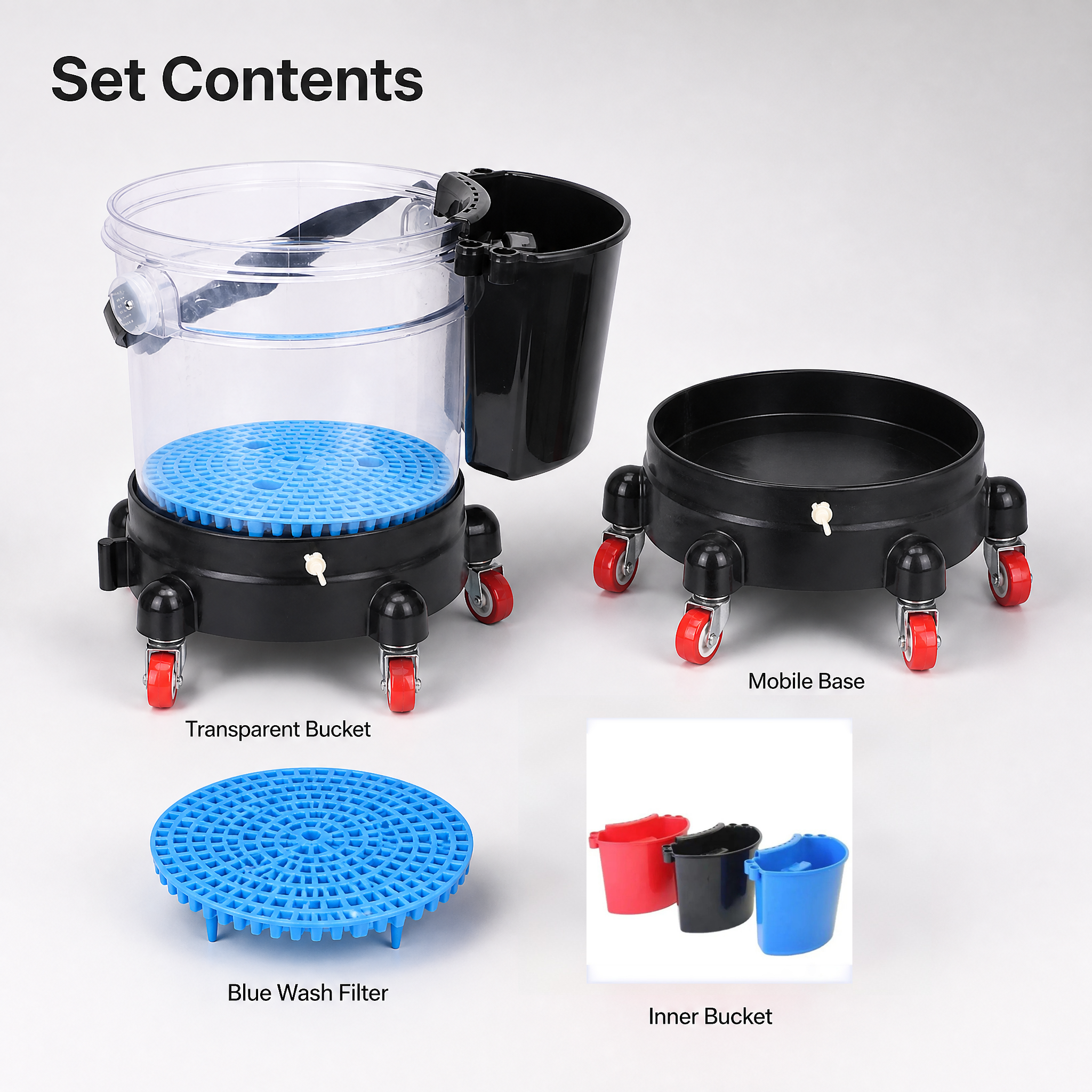 Scratch-Free Heavy Duty Rolling Car Wash Bucket with 5-Wheel Dolly - Clear View Water Monitoring & Tool Organizer - Complete Detailing Kit