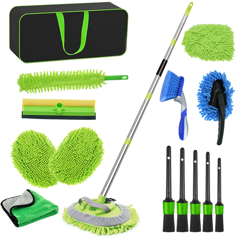 15PCS All-in-One Car Cleaning Tool Kit - Long Handle Wash Mop with Window Squeegee, 5 Detailing Brushes & Wheel Brush - Complete Auto Detailing Set for Interior & Exterior